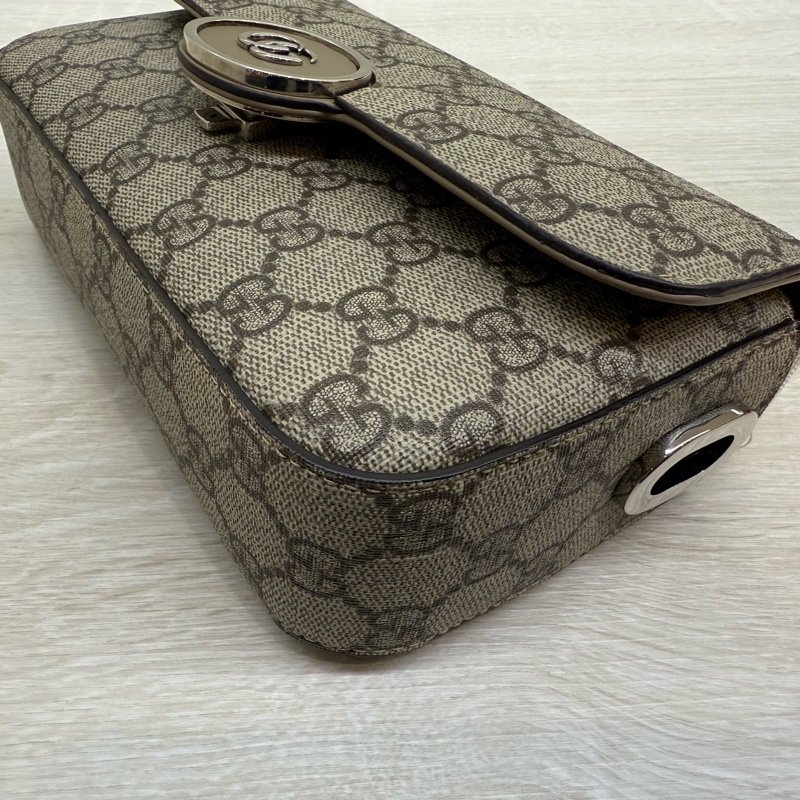 GUCCI原花棕牛皮Petite銀釦雙G橫版迷你郵差包739722-19