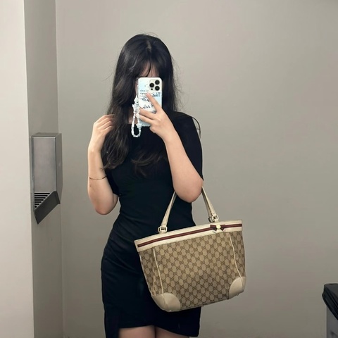 GUCCI 老花滿印紅綠條紋帆布蝴蝶結托特包29*14*13 98新配件塵袋