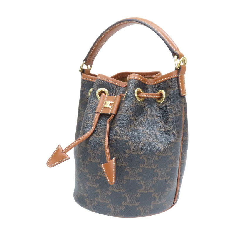 棕色 帆布 牛皮 TEEN CLARA 水桶包 肩背包 121672【CELINE 賽琳】 121672-2