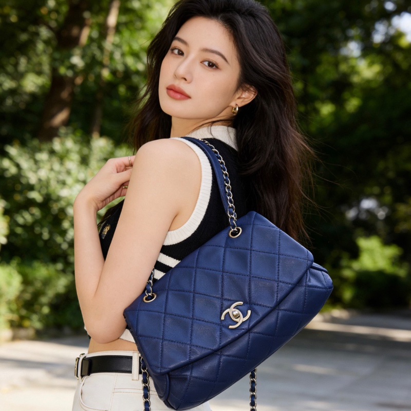 CHANEL 藍銀菱格紋手提肩背南瓜包31*16*9 98新配件盒子塵袋保卡-0