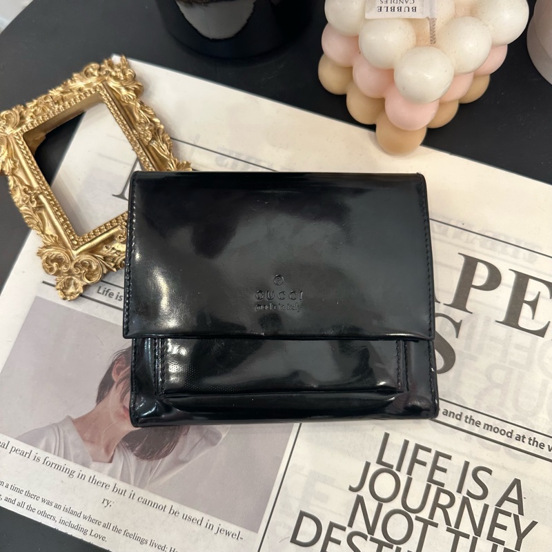 Gucci 黑色漆皮零錢袋短夾-0