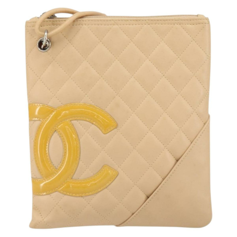 【日本直送】香奈兒 Cambon 系列絎縫肩背包,皮革材質,米色,銀色,CC 標誌,貨號 163611-12