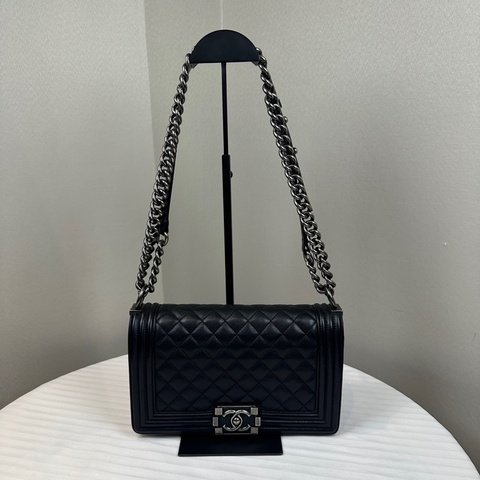 香奈兒/Chanel Leboy 黑色銀扣菱格紋中號牛皮肩背斜背包 25x8x15cm