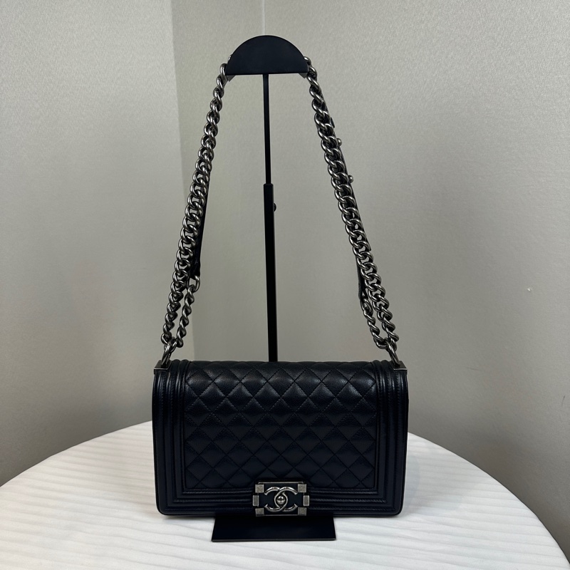 香奈兒/Chanel Leboy 黑色銀扣菱格紋中號牛皮肩背斜背包 25x8x15cm-0