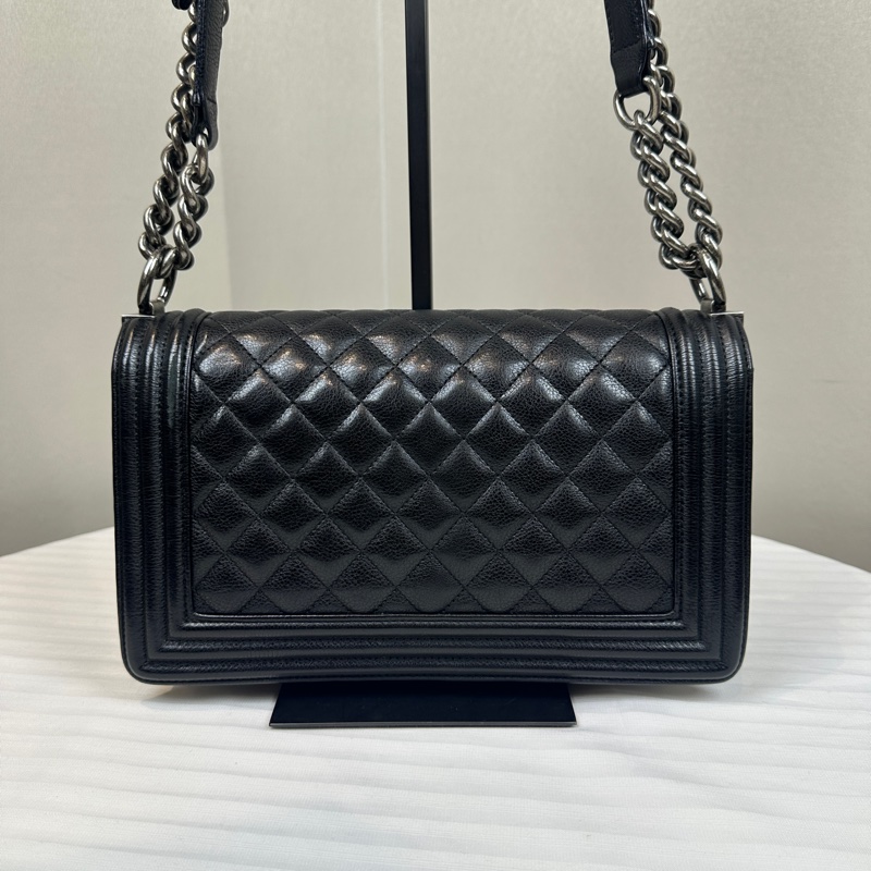 香奈兒/Chanel Leboy 黑色銀扣菱格紋中號牛皮肩背斜背包 25x8x15cm-1