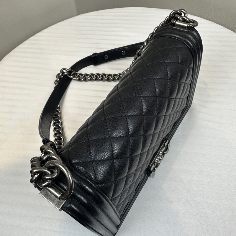 香奈兒/Chanel Leboy 黑色銀扣菱格紋中號牛皮肩背斜背包 25x8x15cm-3