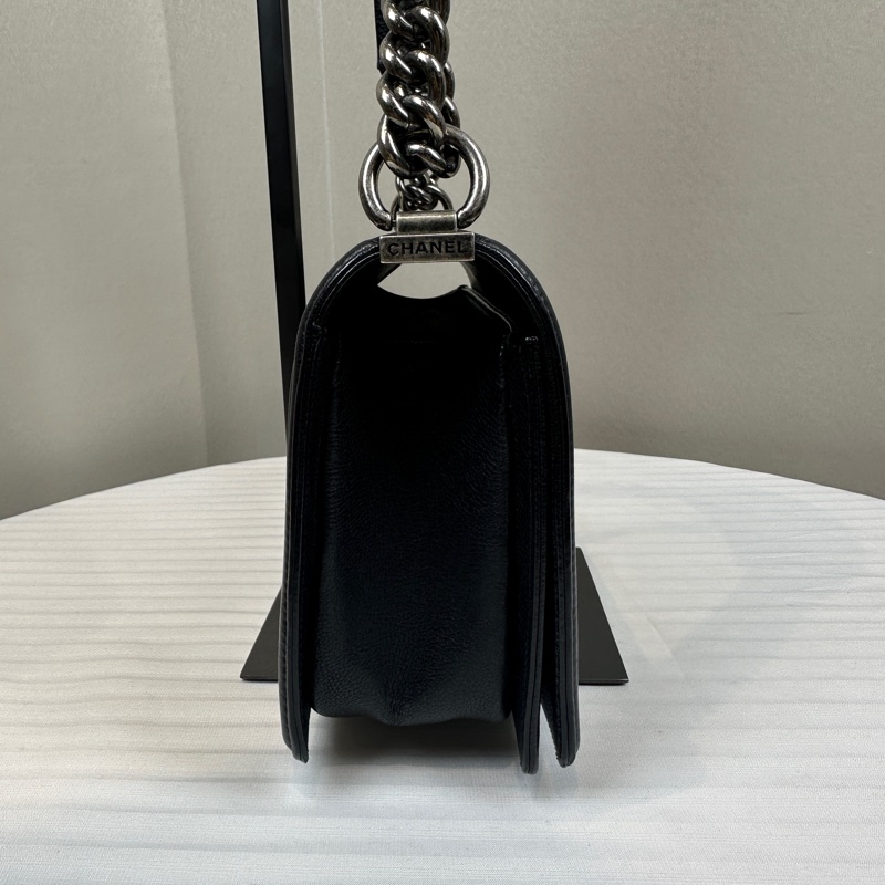 香奈兒/Chanel Leboy 黑色銀扣菱格紋中號牛皮肩背斜背包 25x8x15cm-4