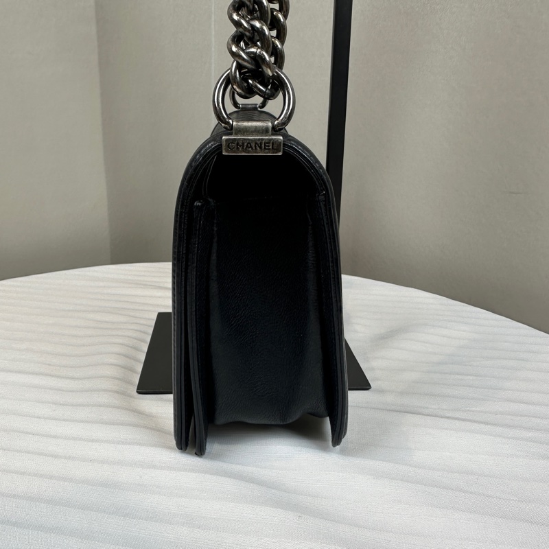 香奈兒/Chanel Leboy 黑色銀扣菱格紋中號牛皮肩背斜背包 25x8x15cm-5