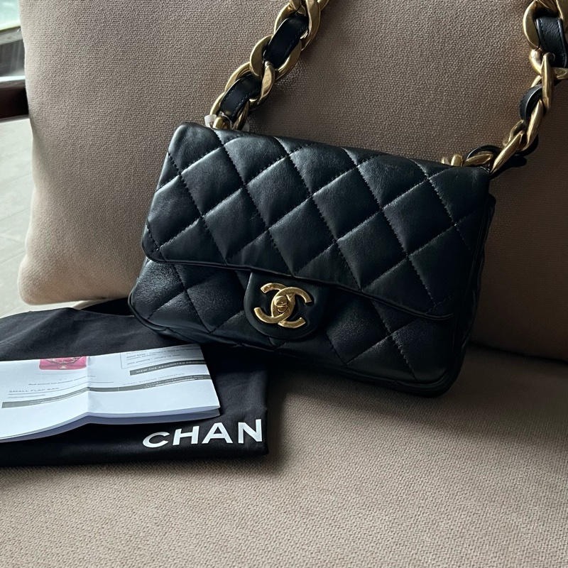 CHANEL 23P 羊皮粗鍊單肩包 粗鏈條腋下包- 黑金-0