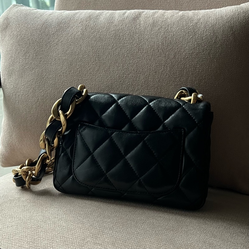 CHANEL 23P 羊皮粗鍊單肩包 粗鏈條腋下包- 黑金-5