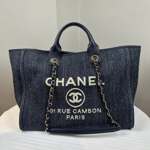 香奈兒/Chanel Deauville Tote 大號藍色牛仔布手提肩背兩用沙灘包 44x21x32cm