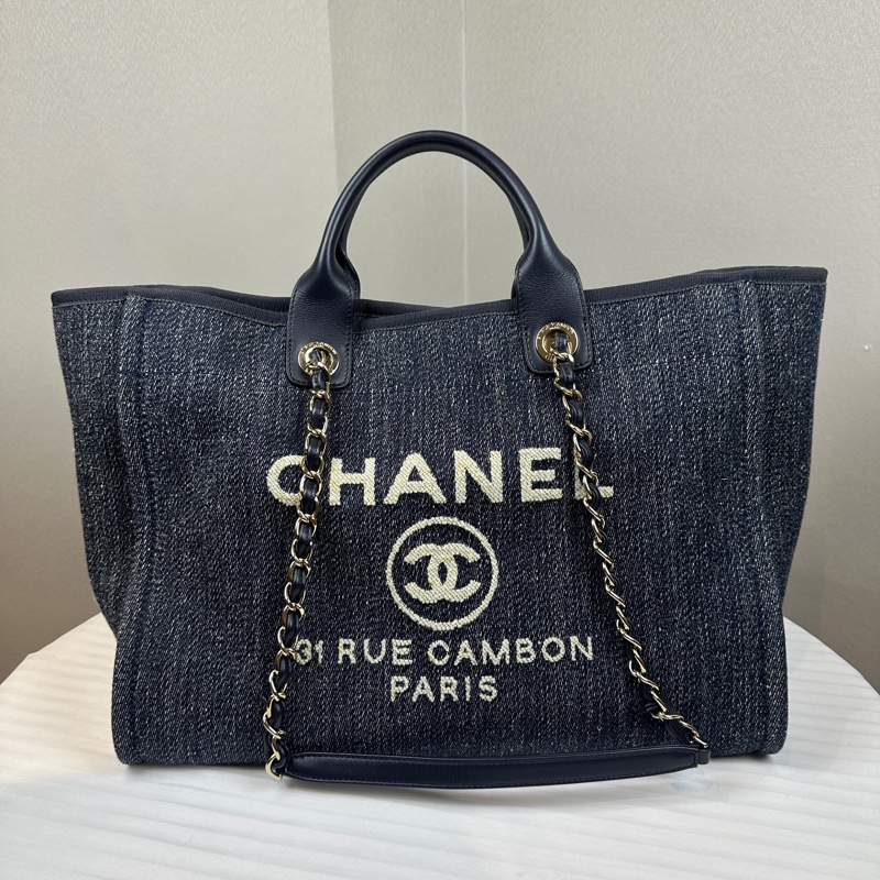 香奈兒/Chanel Deauville Tote 大號藍色牛仔布手提肩背兩用沙灘包 44x21x32cm-0