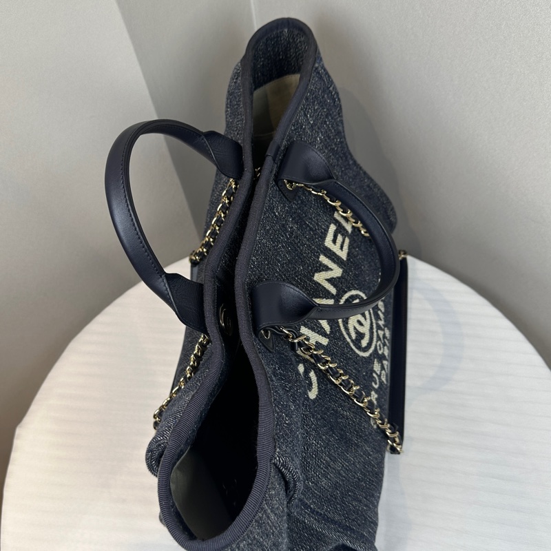 香奈兒/Chanel Deauville Tote 大號藍色牛仔布手提肩背兩用沙灘包 44x21x32cm-4