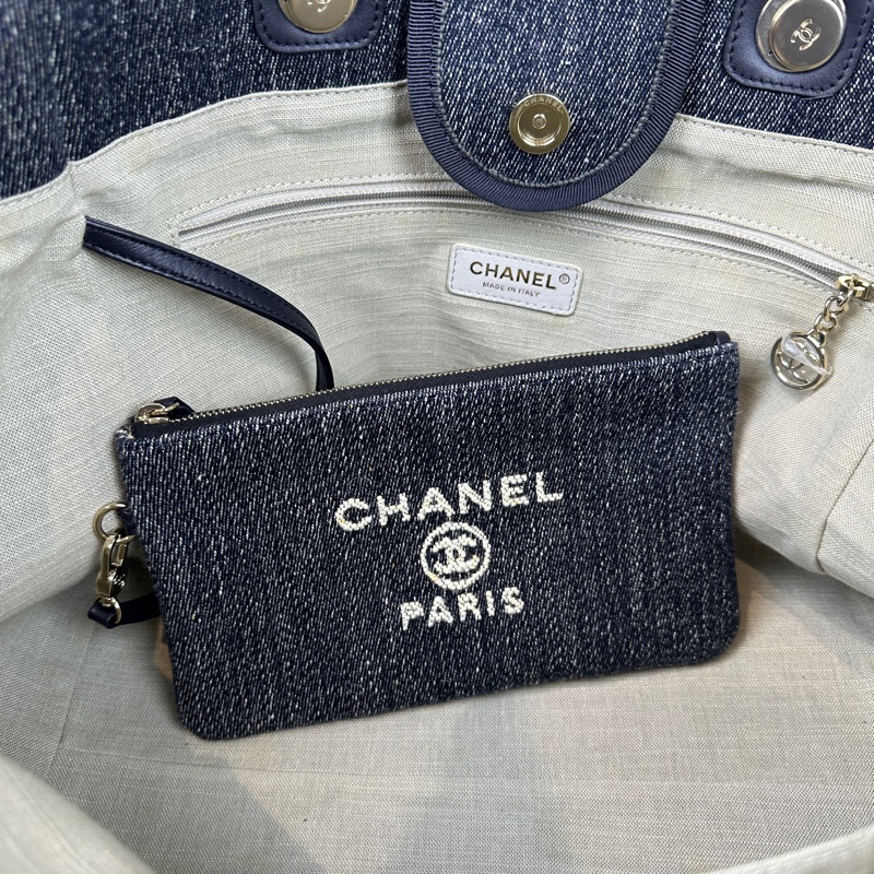 香奈兒/Chanel Deauville Tote 大號藍色牛仔布手提肩背兩用沙灘包 44x21x32cm-8