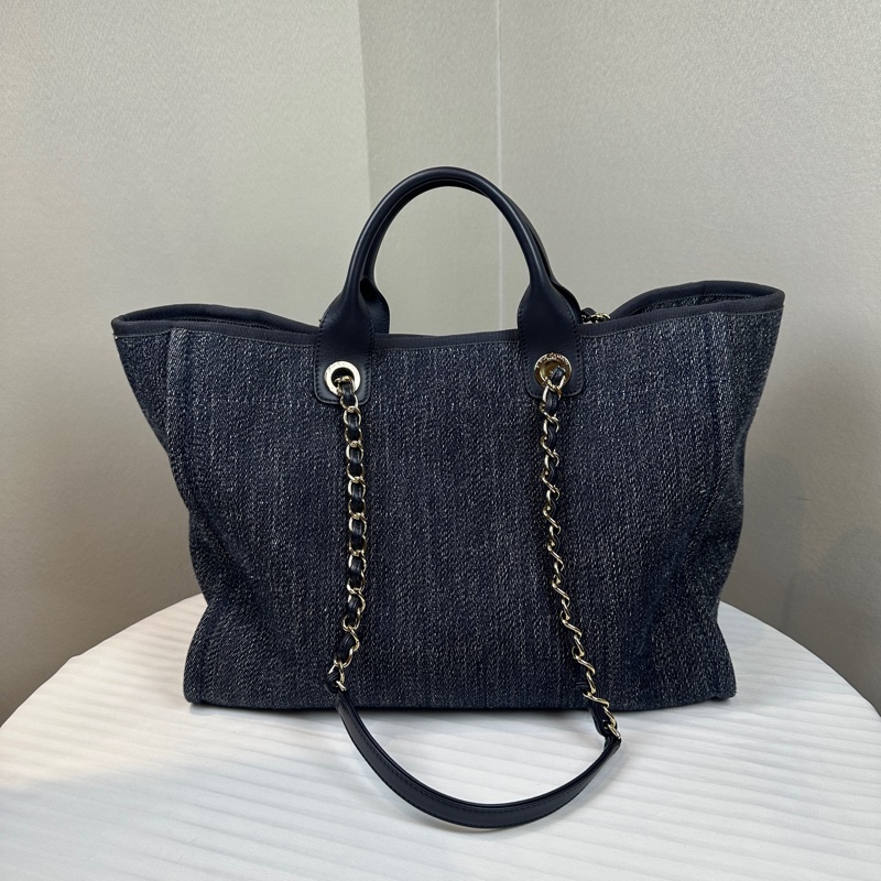 香奈兒/Chanel Deauville Tote 大號藍色牛仔布手提肩背兩用沙灘包 44x21x32cm-11
