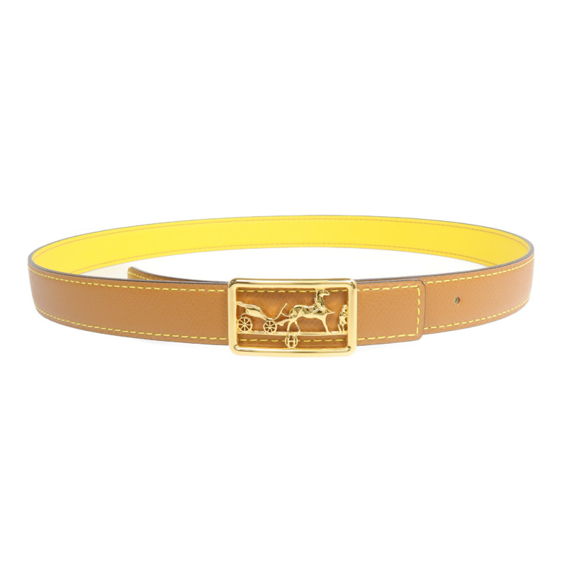HERMES Epsom/Swift皮革Caleche Belt 85cm金扣皮帶Gold/Jaune de Naples-0