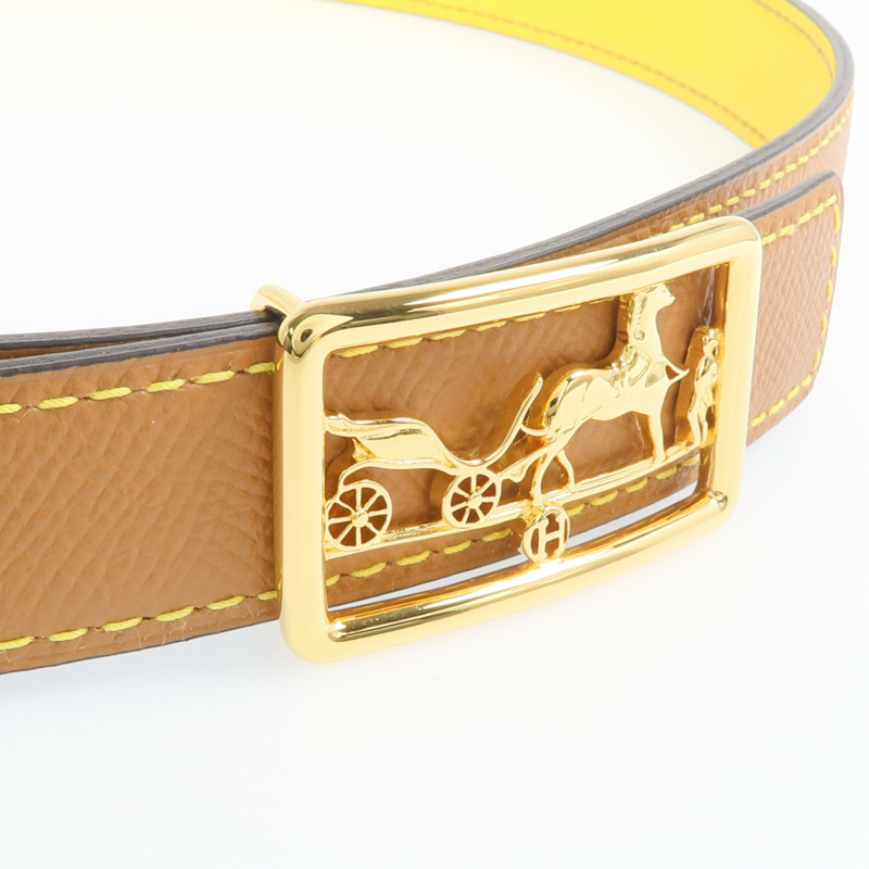 HERMES Epsom/Swift皮革Caleche Belt 85cm金扣皮帶Gold/Jaune de Naples-4