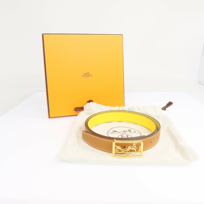 HERMES Epsom/Swift皮革Caleche Belt 85cm金扣皮帶Gold/Jaune de Naples-10