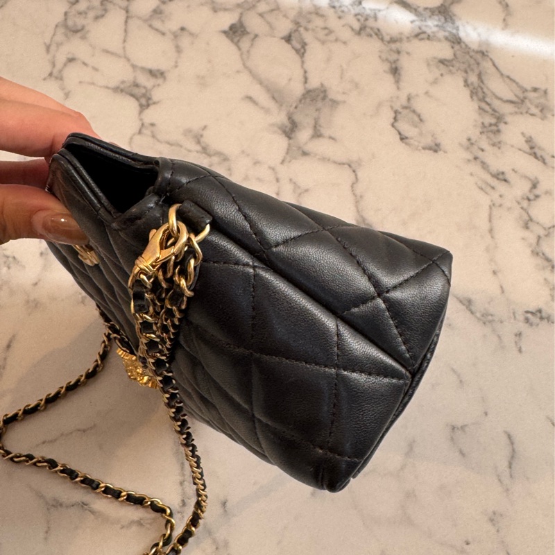 Chanel黑菱格金雙獅子頭吊飾肩背包 特殊款✨✨-5
