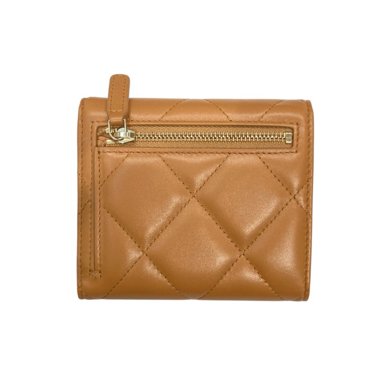 CHANEL 香奈兒 19 三折短夾 小羊皮 焦糖色 金釦-1