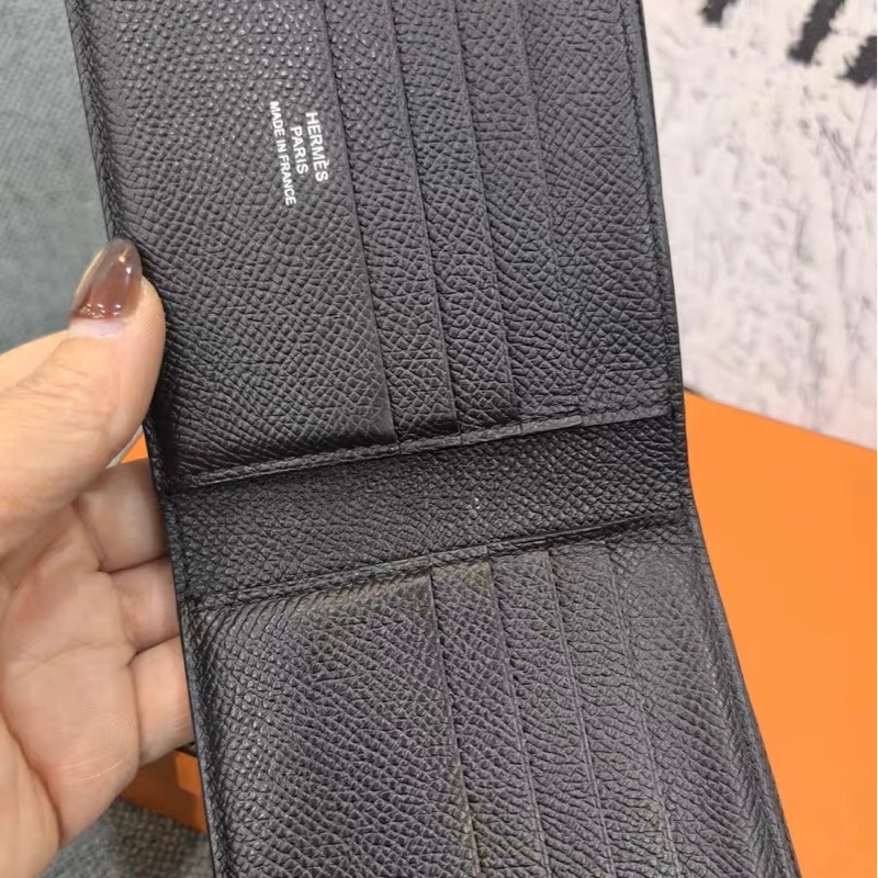 Hermès 愛馬仕 黑色 Epsom/粒面皮 對折短夾 多卡層|無附件|輕微使用感-2