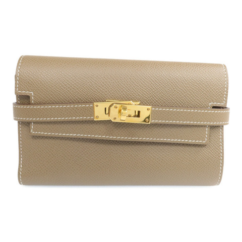 HERMES Epsom皮革Kelly Short Wallet金扣長錢包Etoupe