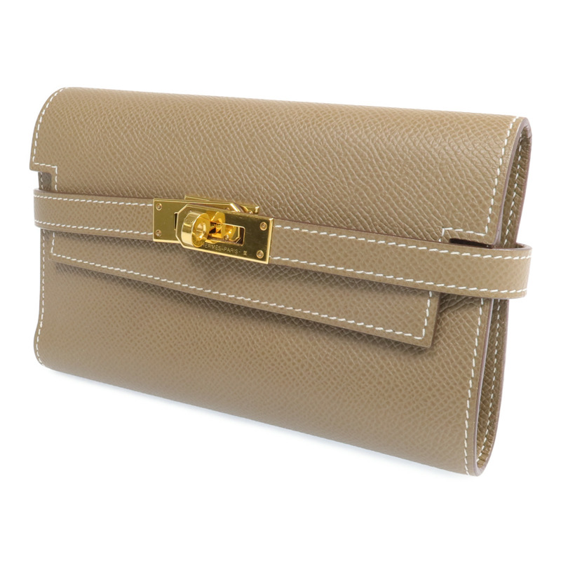 HERMES Epsom皮革Kelly Short Wallet金扣長錢包Etoupe-1