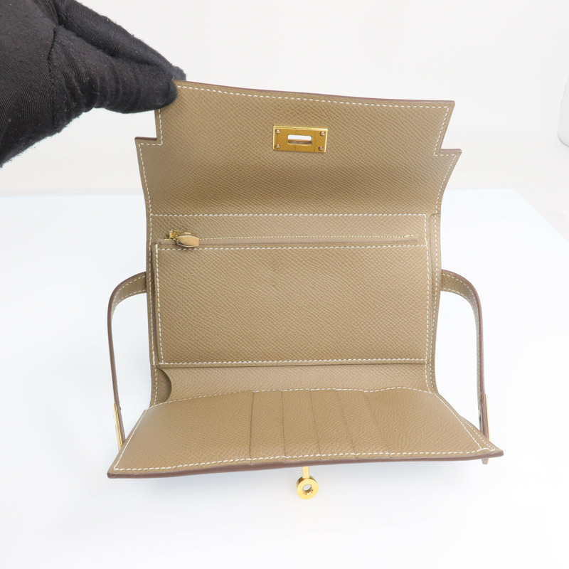 HERMES Epsom皮革Kelly Short Wallet金扣長錢包Etoupe-5