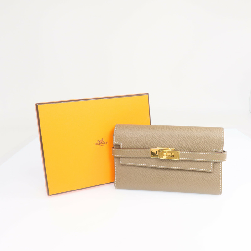 HERMES Epsom皮革Kelly Short Wallet金扣長錢包Etoupe-8