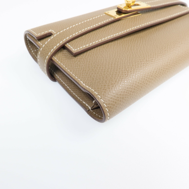 HERMES Epsom皮革Kelly Short Wallet金扣長錢包Etoupe-11