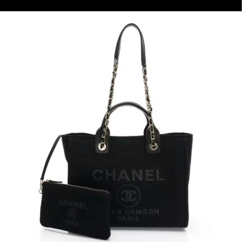 CHANEL Deauville 經典金鍊手提肩背沙灘/托特包 黑色 晶片款