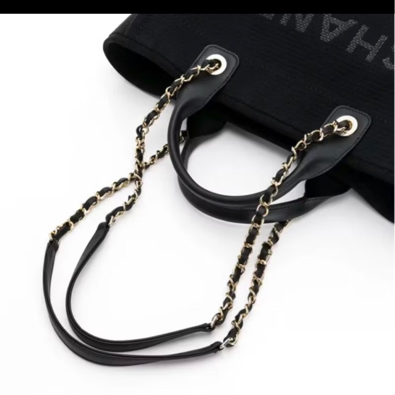 CHANEL Deauville 經典金鍊手提肩背沙灘/托特包 黑色 晶片款-2