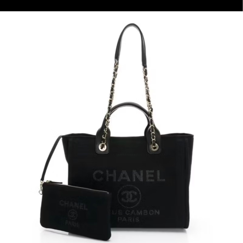 CHANEL Deauville 經典金鍊手提肩背沙灘/托特包 黑色 晶片款-4