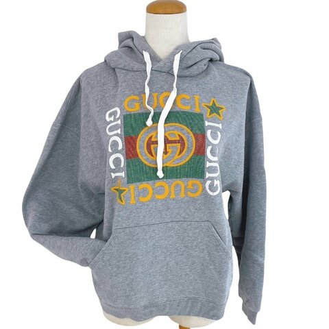GUCCI 古馳 LOGO長袖連帽T恤 棉質 灰色