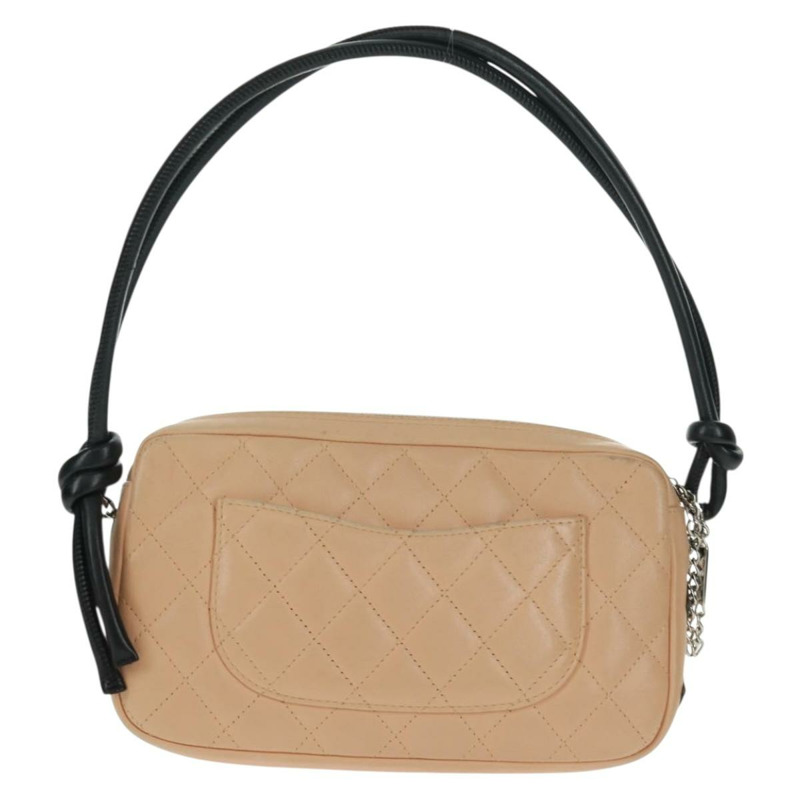 【日本直送】香奈兒 Cambon 系列絎縫肩背包,米色皮革,銀色雙C標誌,貨號 163616V-2