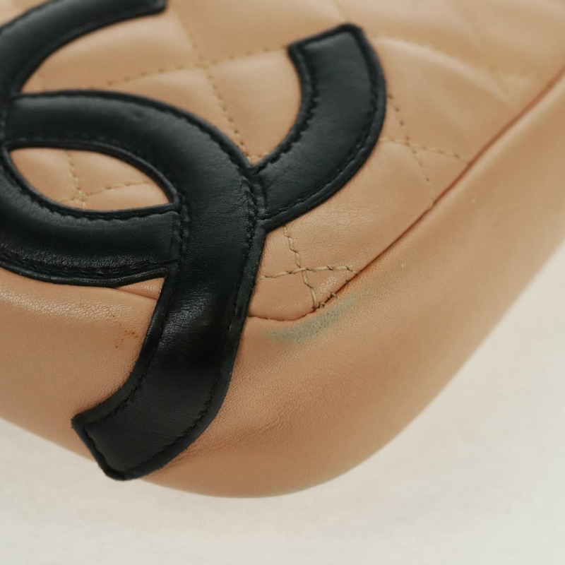 【日本直送】香奈兒 Cambon 系列絎縫肩背包,米色皮革,銀色雙C標誌,貨號 163616V-9