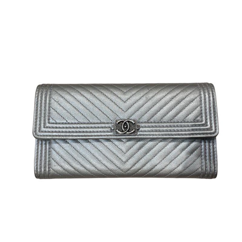 CHANEL香奈兒 LEBOY翻蓋長夾 荔枝牛皮 銀色 銀釦-0