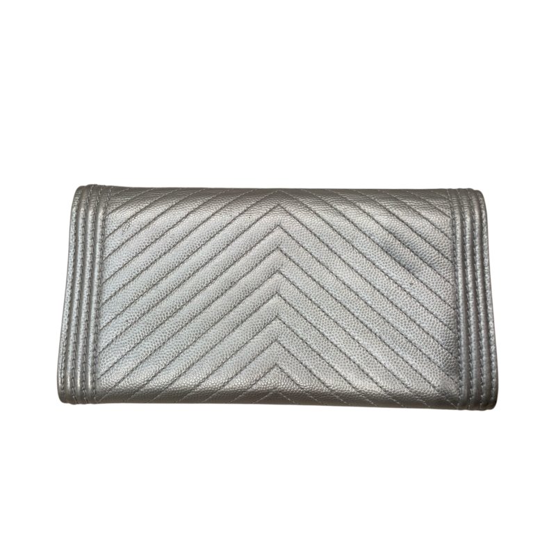 CHANEL香奈兒 LEBOY翻蓋長夾 荔枝牛皮 銀色 銀釦-1