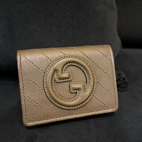 Gucci墨綠牛皮雙G釦式短夾