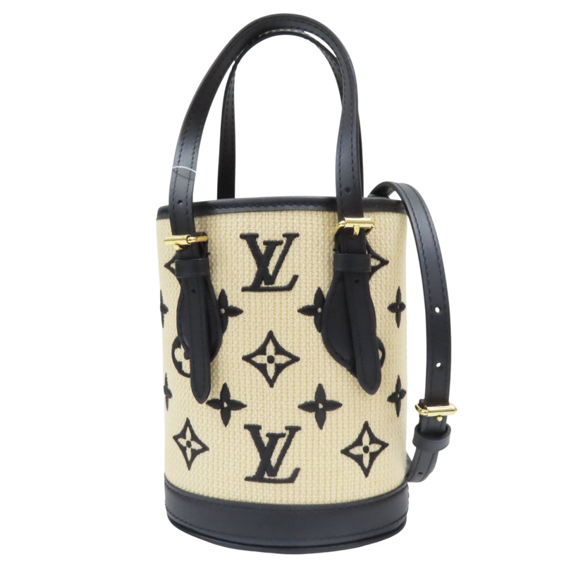 米色帆布 刺繡原花 黑色牛皮飾邊 Nano Bucket 兩用包【LOUIS VUITTON LV 路易威登】 M82418-0