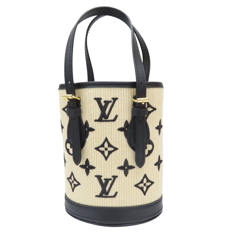 米色帆布 刺繡原花 黑色牛皮飾邊 Nano Bucket 兩用包【LOUIS VUITTON LV 路易威登】 M82418-1