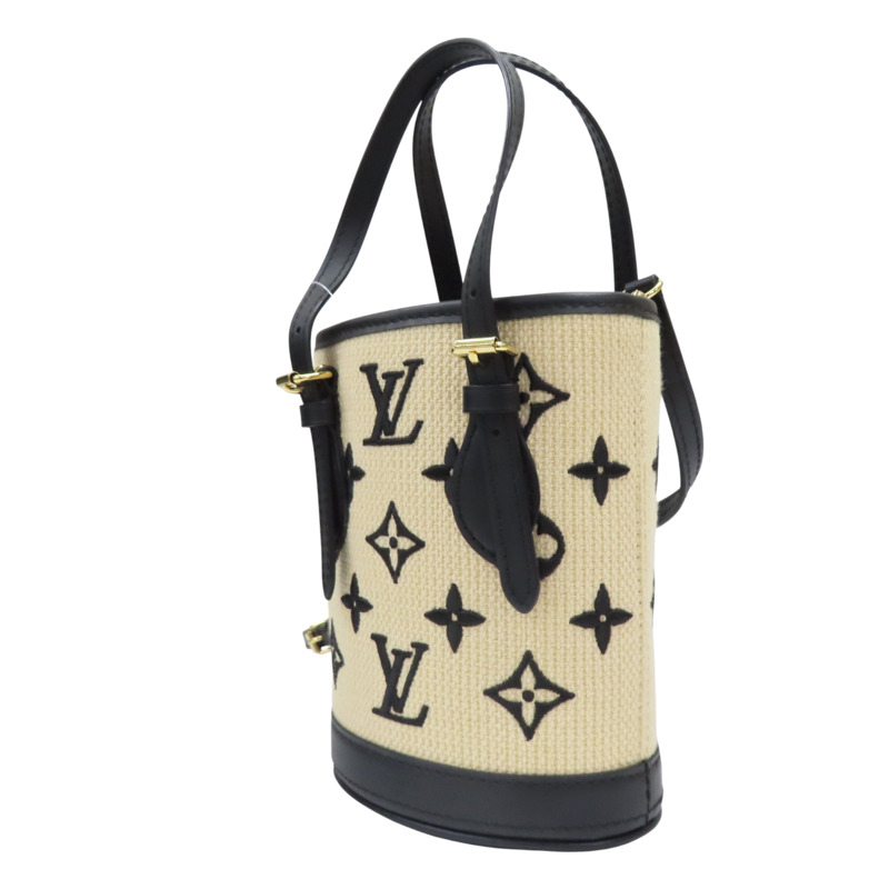 米色帆布 刺繡原花 黑色牛皮飾邊 Nano Bucket 兩用包【LOUIS VUITTON LV 路易威登】 M82418-2