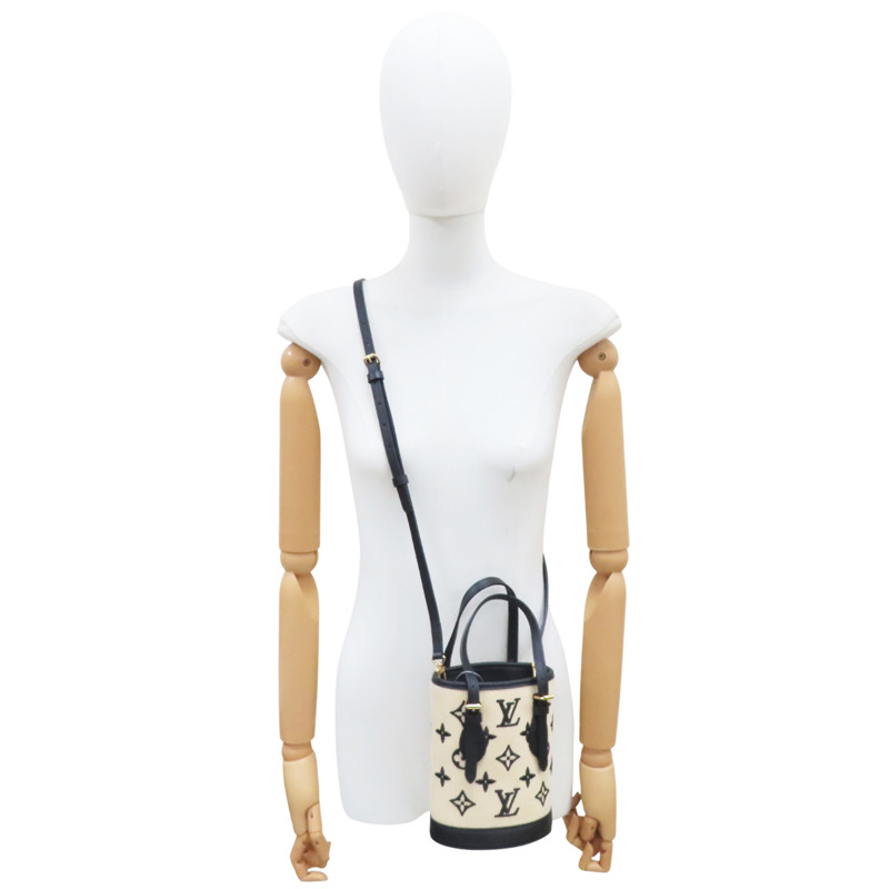 米色帆布 刺繡原花 黑色牛皮飾邊 Nano Bucket 兩用包【LOUIS VUITTON LV 路易威登】 M82418-6