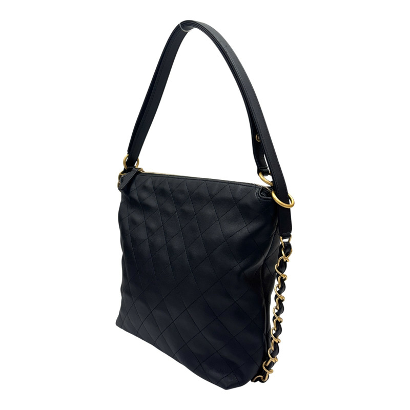 黑色 菱格紋 牛皮 雙肩 HOBO 肩背包 金扣【CHANEL 香奈兒】 AS5523-1