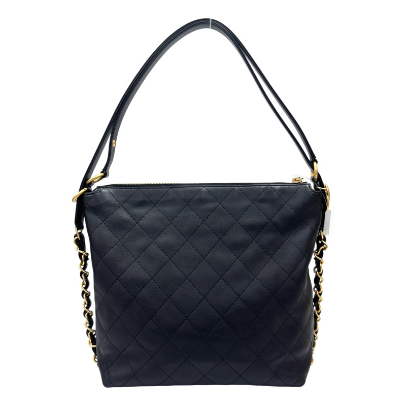 黑色 菱格紋 牛皮 雙肩 HOBO 肩背包 金扣【CHANEL 香奈兒】 AS5523-2