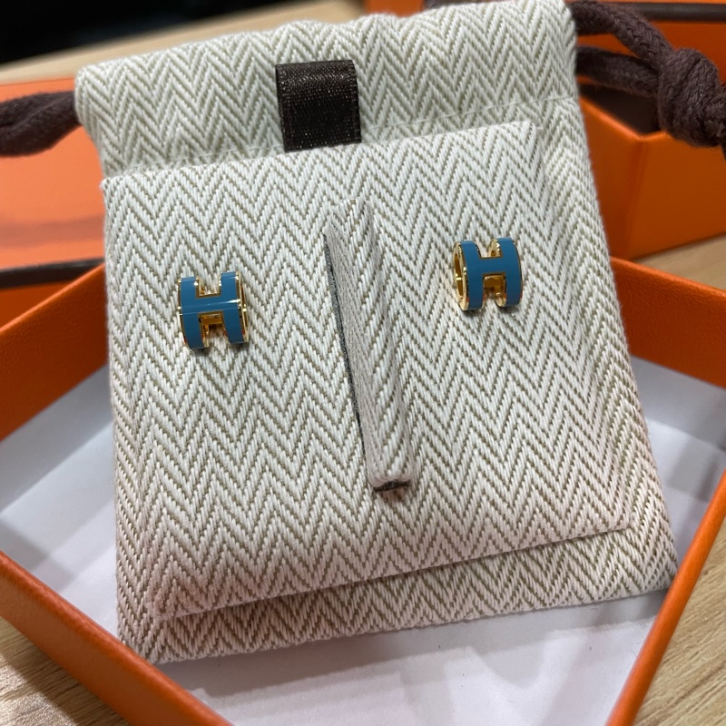 愛馬仕Mini POP H金色牛仔藍耳環-0