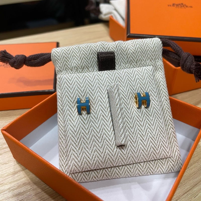 愛馬仕Mini POP H金色牛仔藍耳環-2