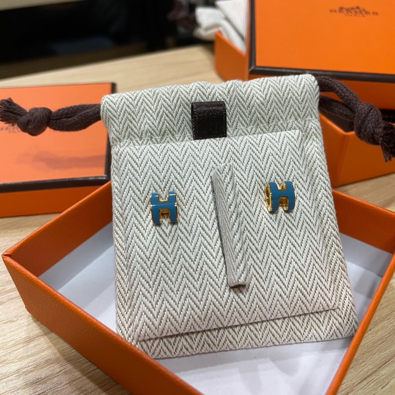 愛馬仕Mini POP H金色牛仔藍耳環-9