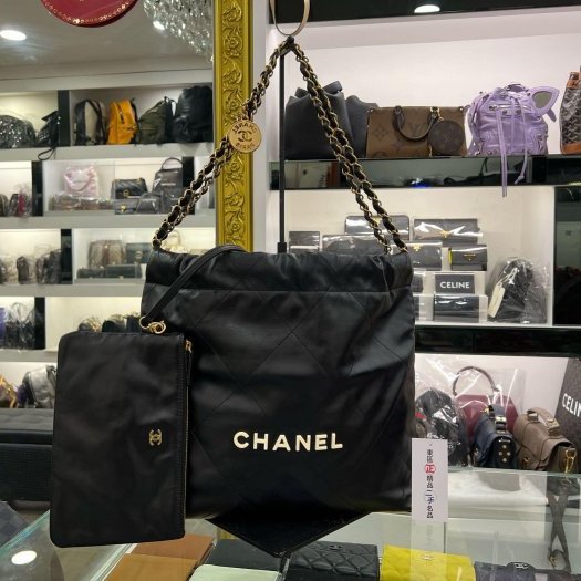東區正精品㊣CHANEL 22 BAG AS3260 香奈兒黑色全皮米白字金幣金鍊熊貓肩背包購物袋包小款 RZ6187-0