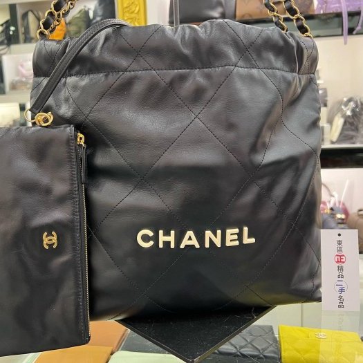 東區正精品㊣CHANEL 22 BAG AS3260 香奈兒黑色全皮米白字金幣金鍊熊貓肩背包購物袋包小款 RZ6187-1